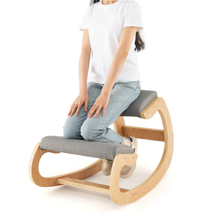 Wooden Rocking Chair with Comfortable Padded Seat Cushion and Knee Support-Beige - Gray