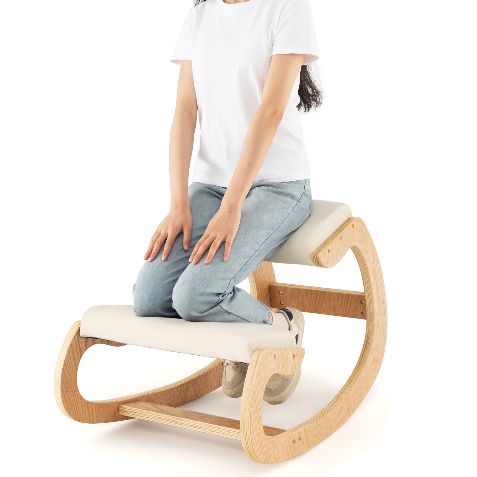 Wooden Rocking Chair with Comfortable Padded Seat Cushion and Knee Support-Beige - Beige