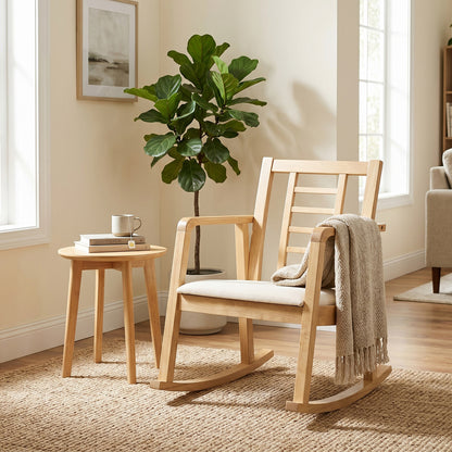 Wooden Rocking Chair with Upholstered Seat and Ladder Back