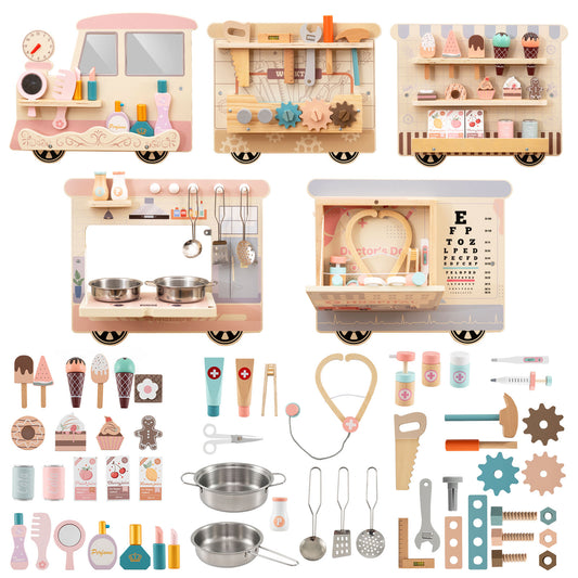 Wooden Sensory Wall Panel with Vanity and Tool Box