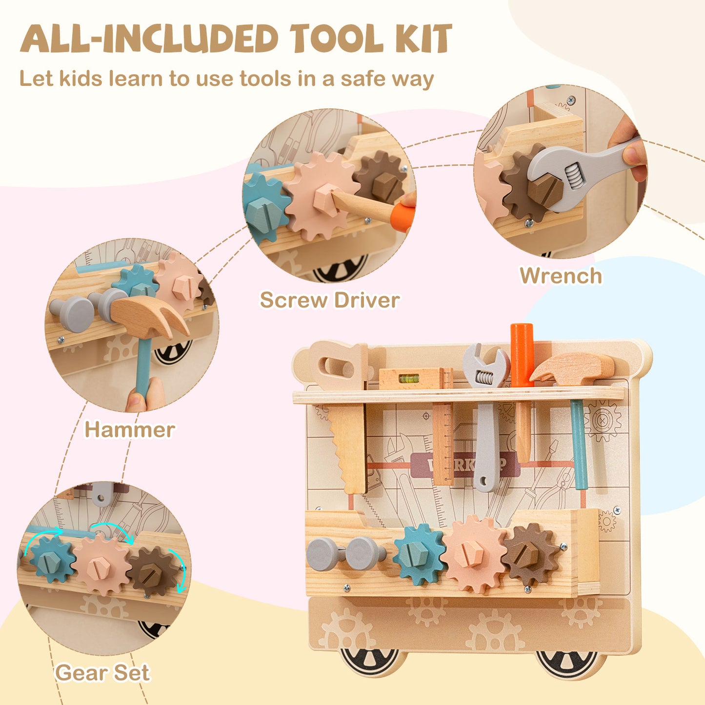 Wooden Sensory Wall Panel with Vanity and Tool Box