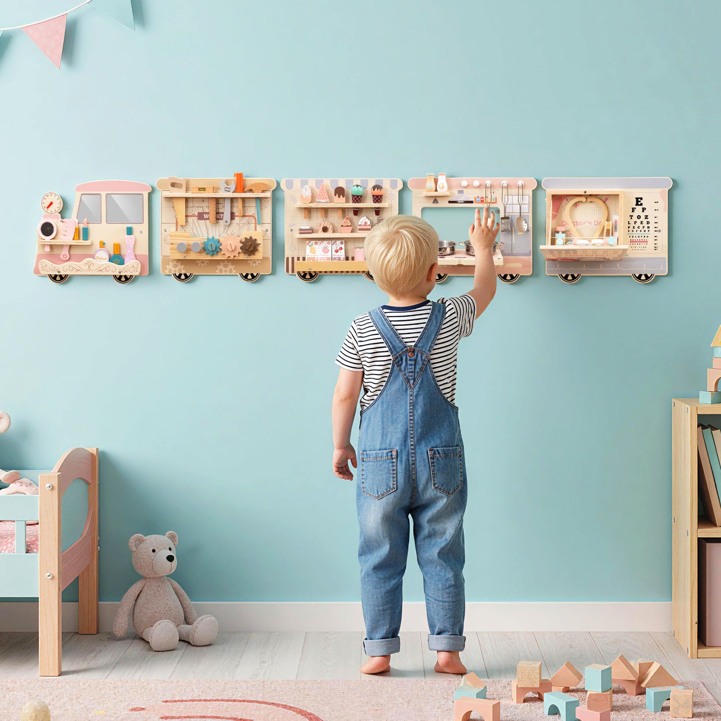 Wooden Sensory Wall Panel with Vanity and Tool Box