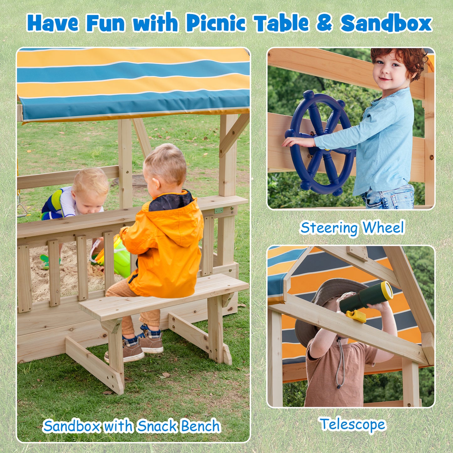 Wooden Swing Set with Large Upper Deck Slide and Steering Wheel
