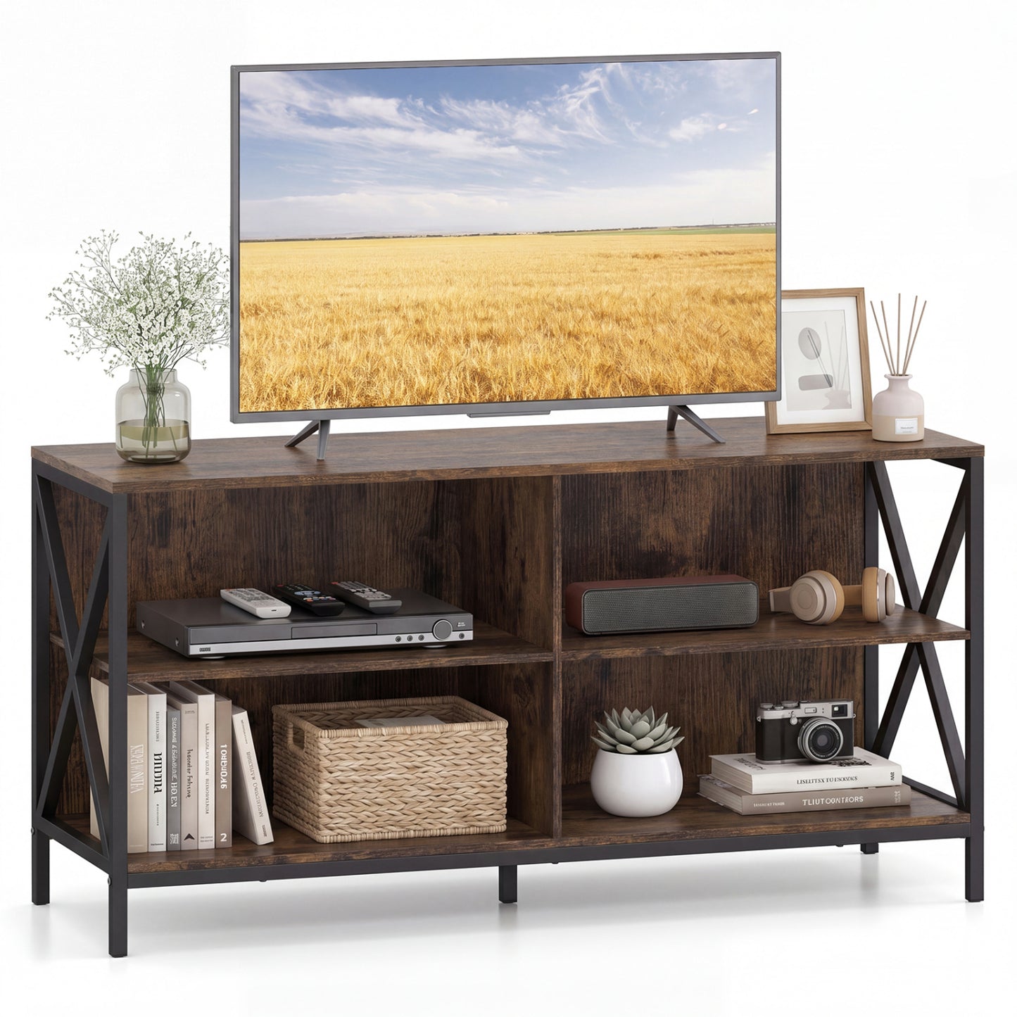 Wooden TV Stand Entertainment for TVs up to 55 Inch with X-Shaped Frame