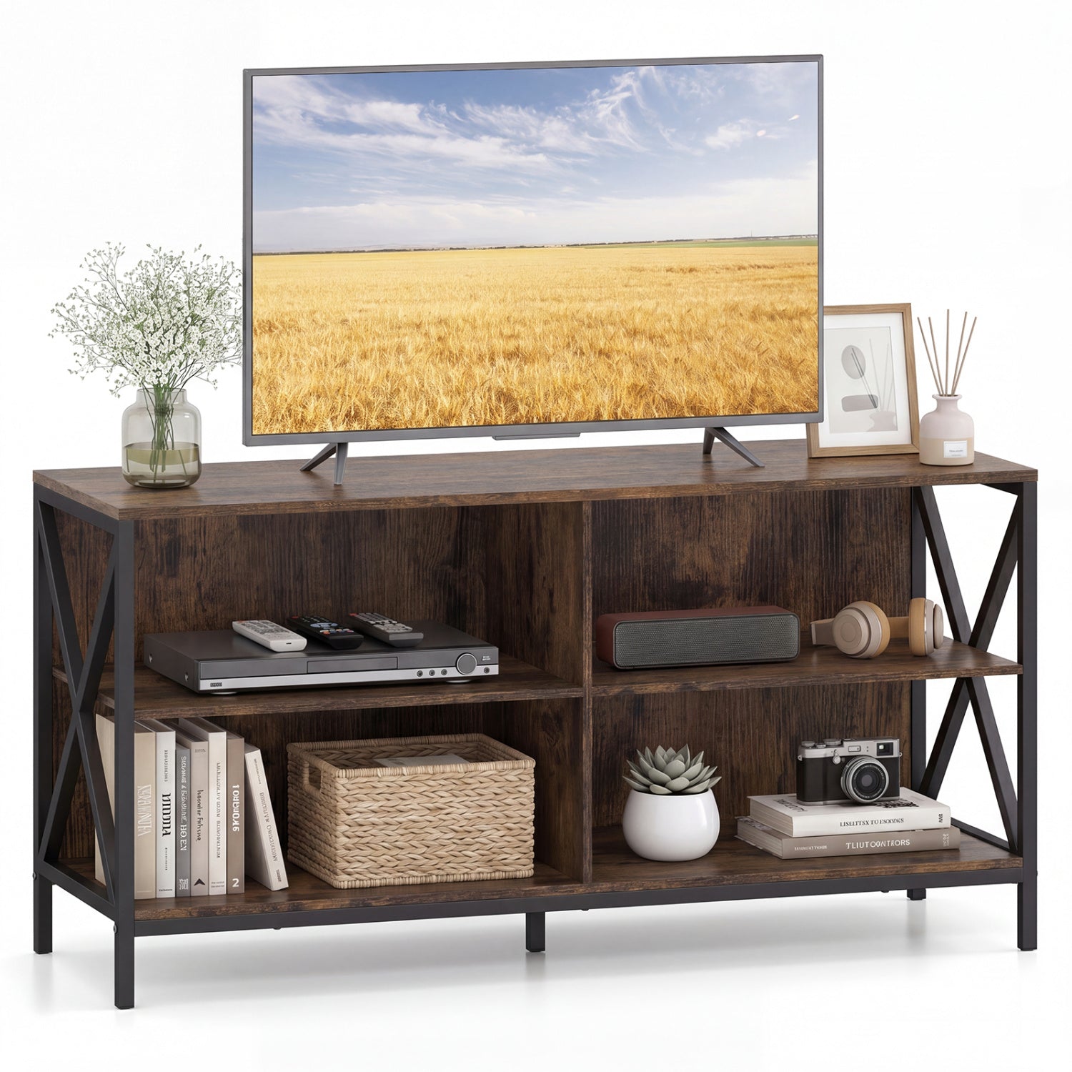Wooden TV Stand Entertainment for TVs up to 55 Inch with X-Shaped Frame