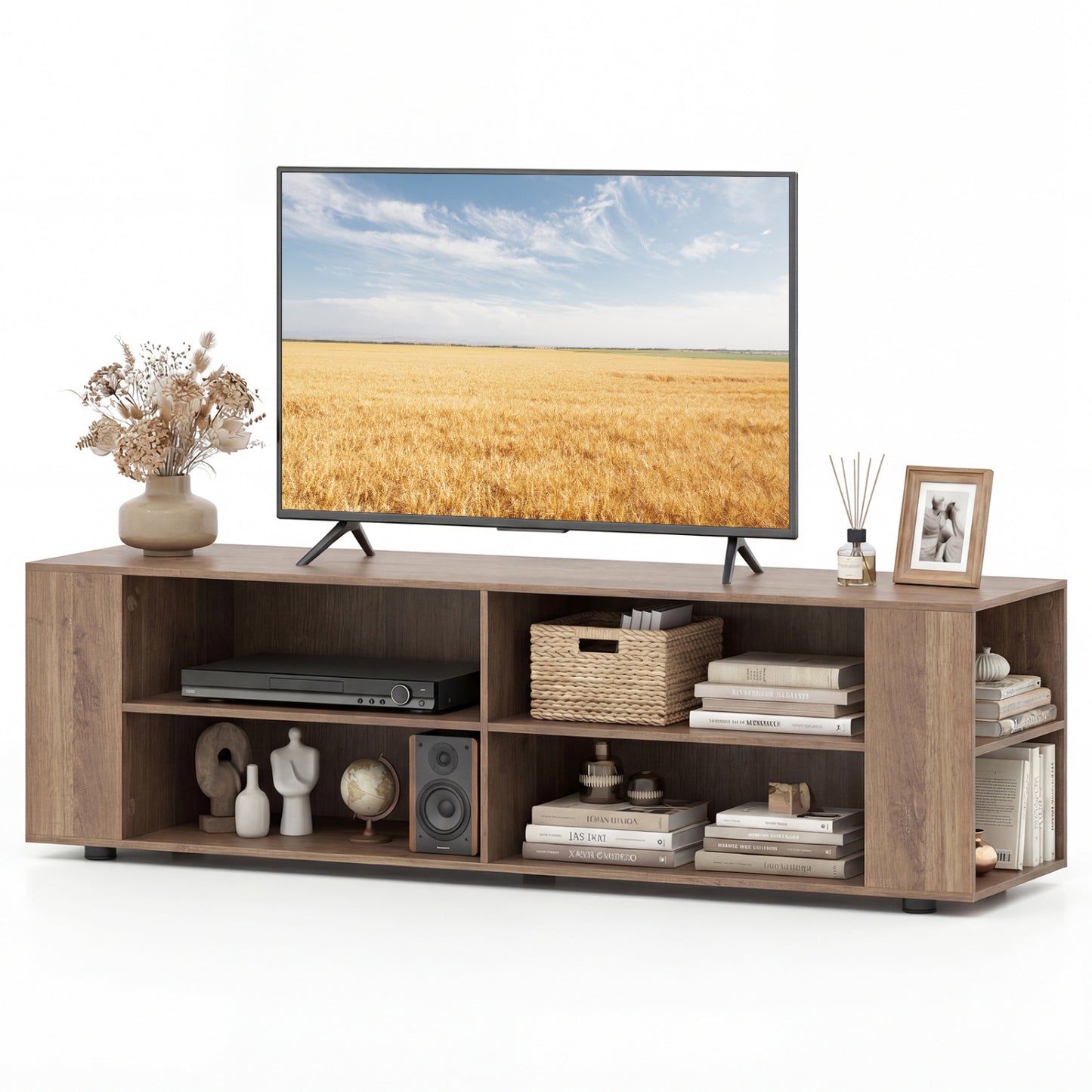 59 Inch Console Storage Entertainment Media Wood TV Stand-Oak - Light Gray