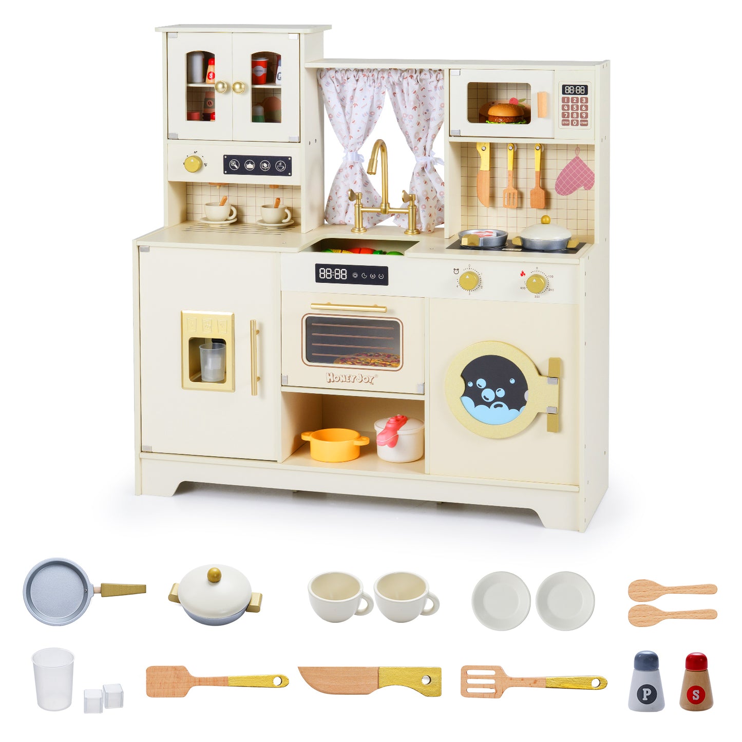 Wooden Toy Kitchen Playset with 14 Accessories for Aged 3+ Years-Beige