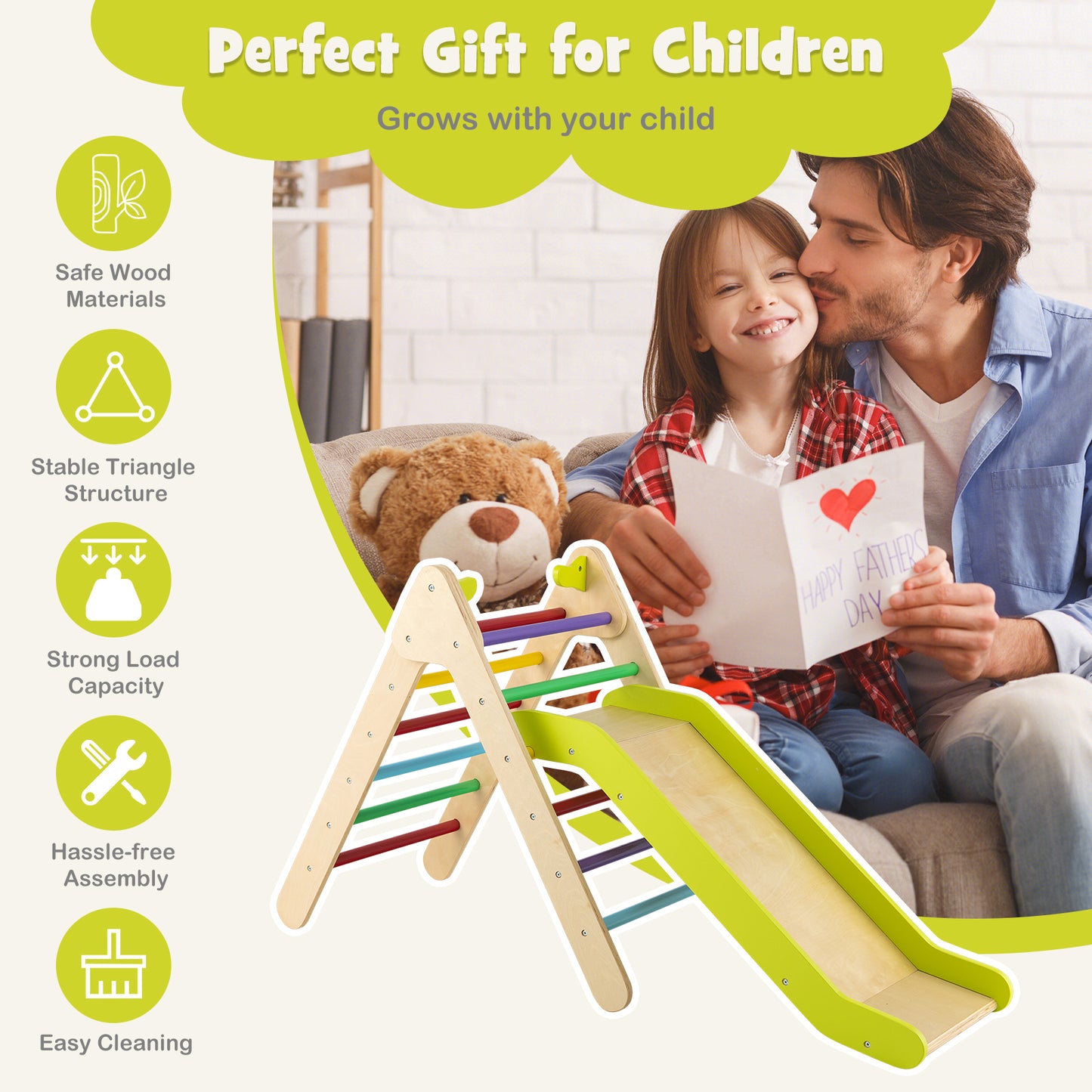 2-in-1 Wooden Triangle Climber Set with Gradient Adjustable Slide