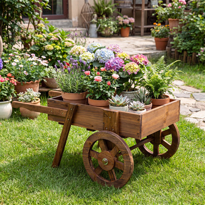 Wooden Wagon Planter with Wheels - Rustic Brown
