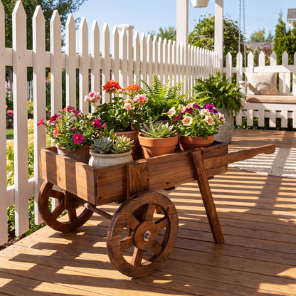 Wooden Wagon Planter with Wheels - Rustic Brown