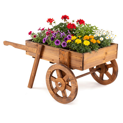 Wooden Wagon Planter with Wheels - Rustic Brown