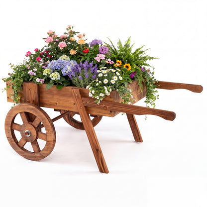 Wooden Wagon Planter with Wheels - Rustic Brown