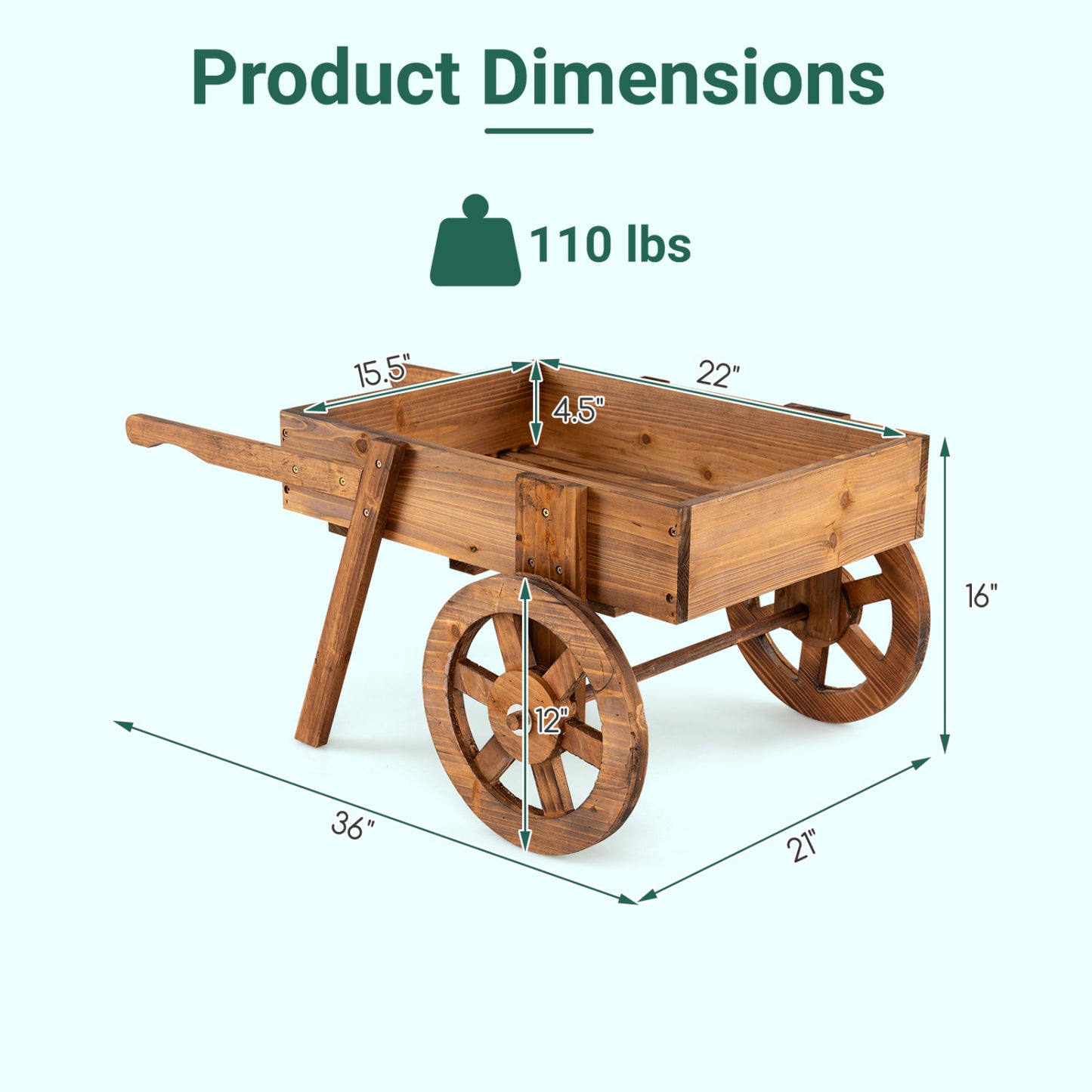 Wooden Wagon Planter with Wheels - Rustic Brown
