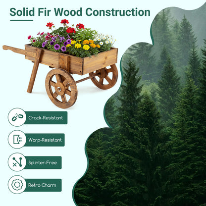 Wooden Wagon Planter with Wheels - Rustic Brown