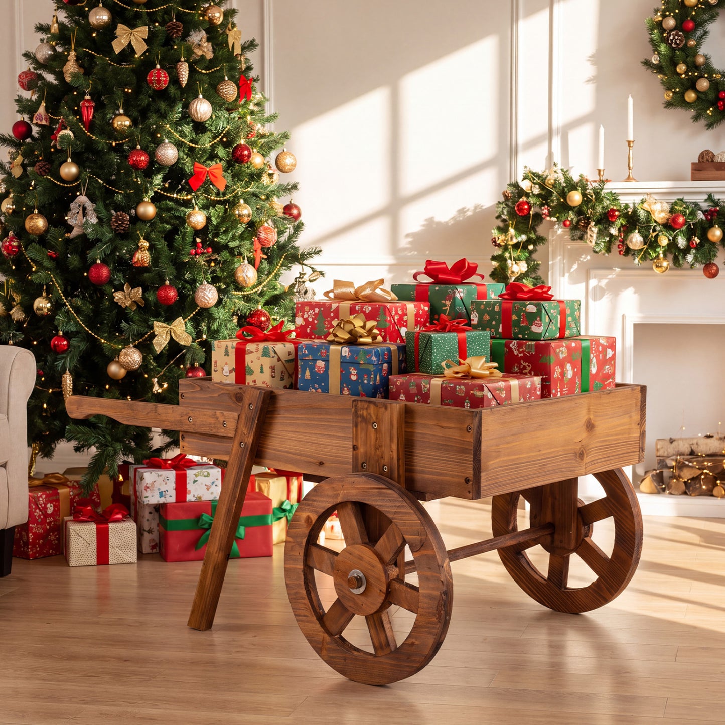 Wooden Wagon Planter with Wheels - Rustic Brown