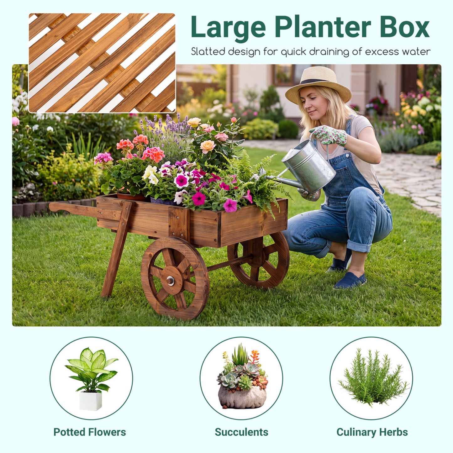 Wooden Wagon Planter with Wheels - Rustic Brown