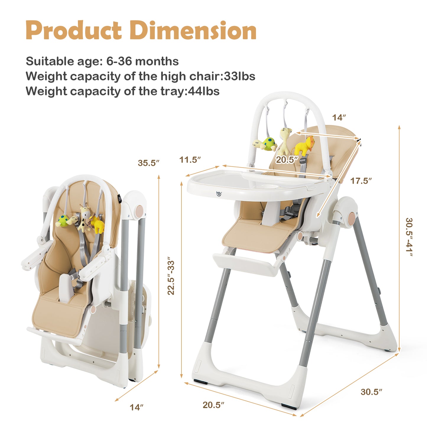 4-in-1 Foldable Baby High Chair with 7 Adjustable Heights and Free Toys Bar-Yellow
