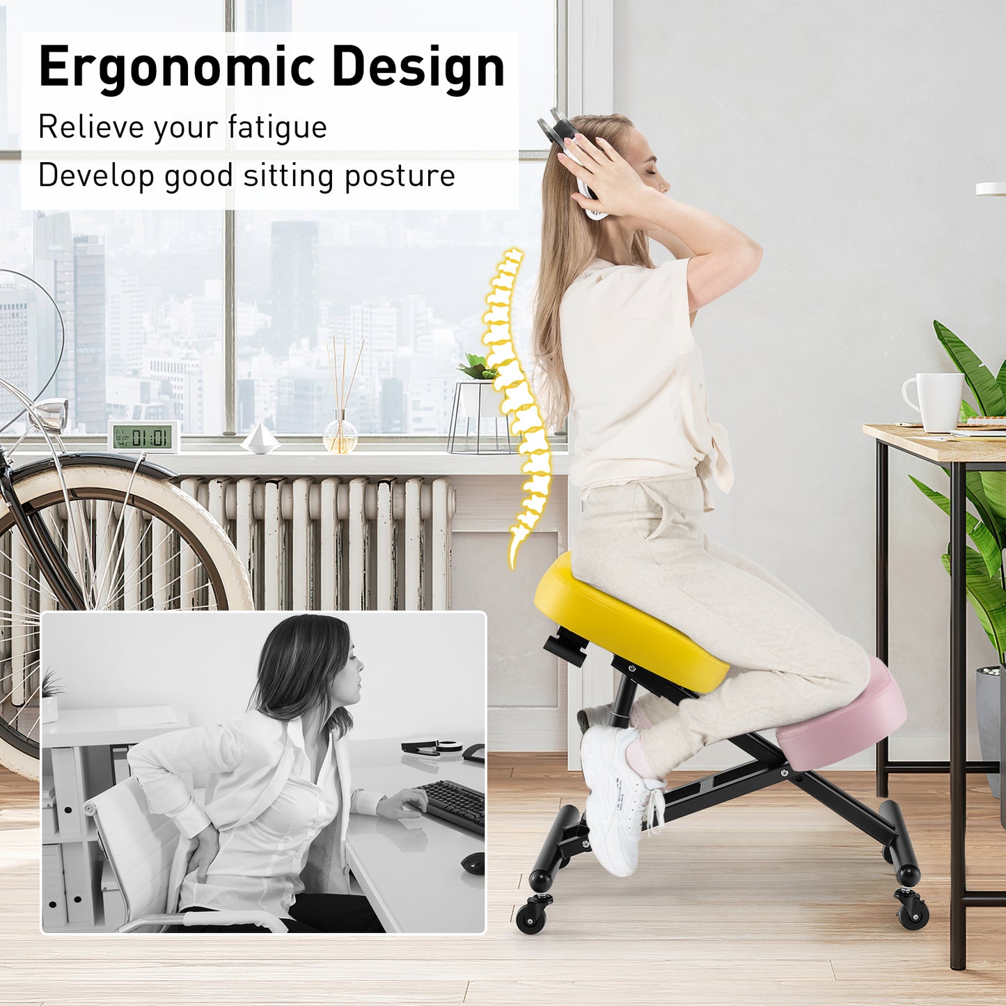 Adjustable Ergonomic Kneeling Chair with Upgraded Gas Spring Rod and Thick Foam Cushions-Yellow