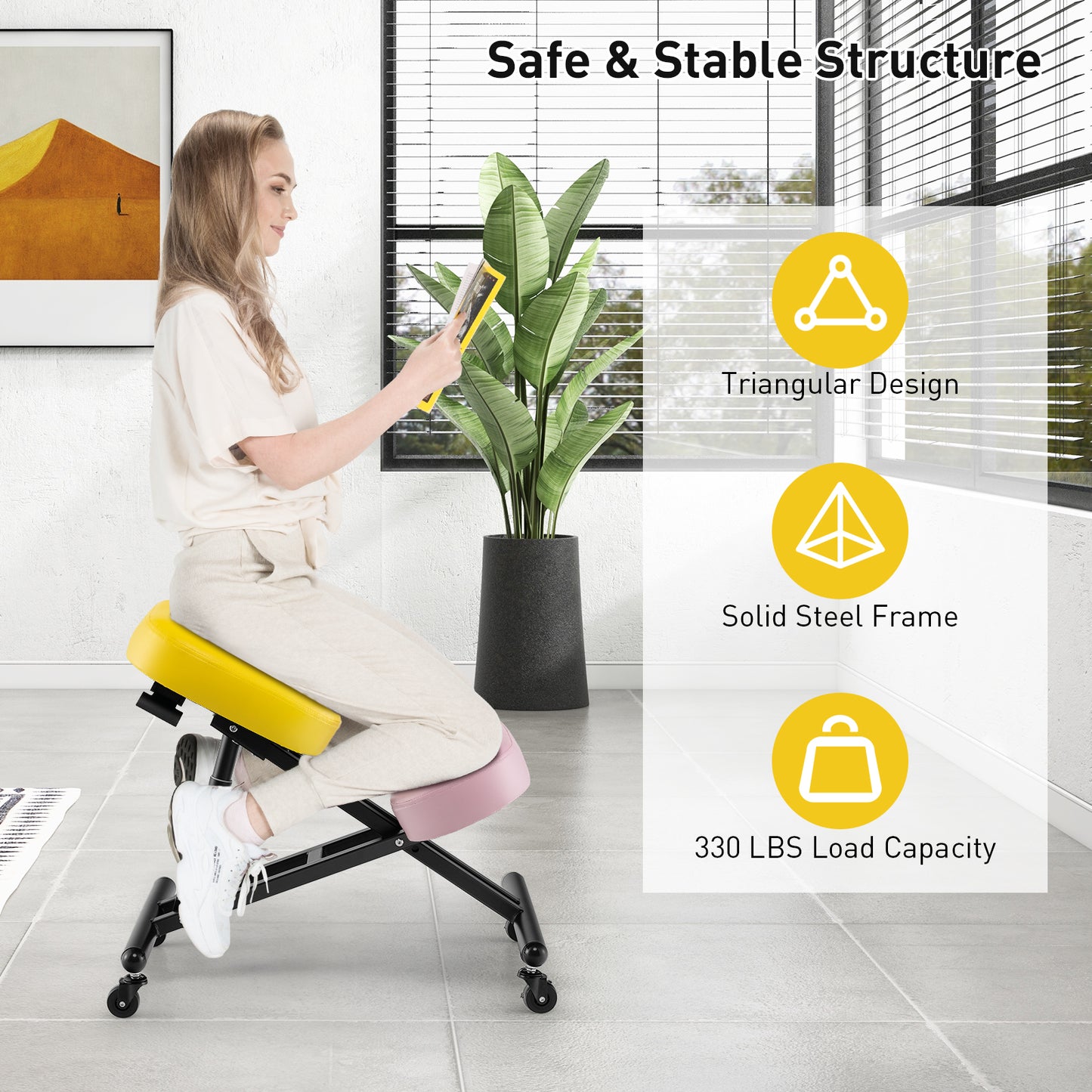 Adjustable Ergonomic Kneeling Chair with Upgraded Gas Spring Rod and Thick Foam Cushions-Yellow