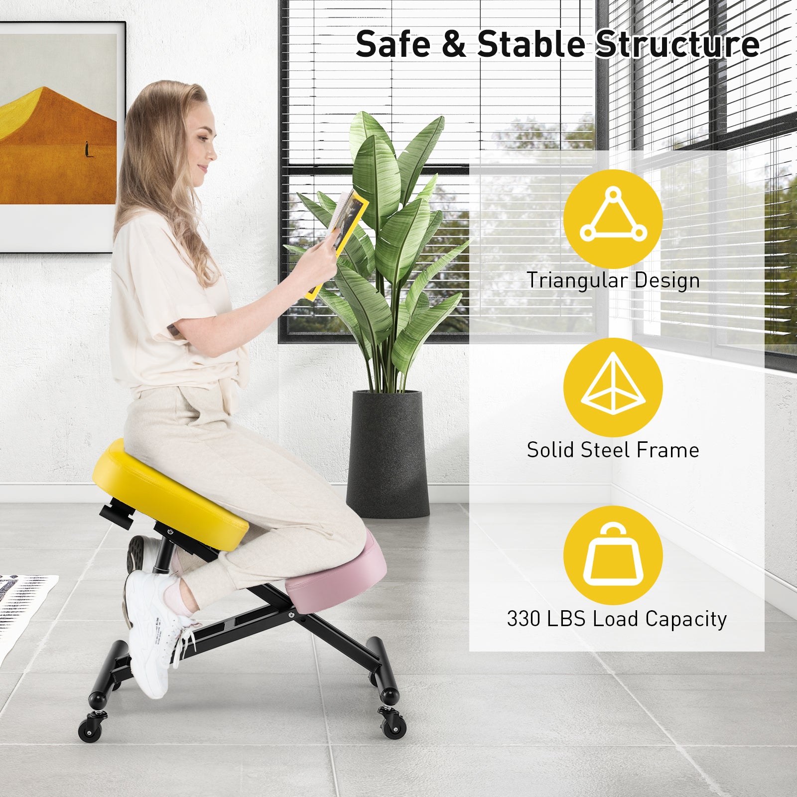 Adjustable Ergonomic Kneeling Chair with Upgraded Gas Spring Rod and Thick Foam Cushions-Yellow