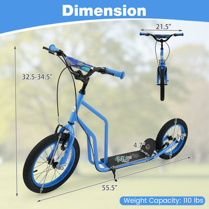 Youth Scooter with Adjustable Handlebar and 16/14-Inch Inflatable Wheels for Age 8+ Years Old-Blue