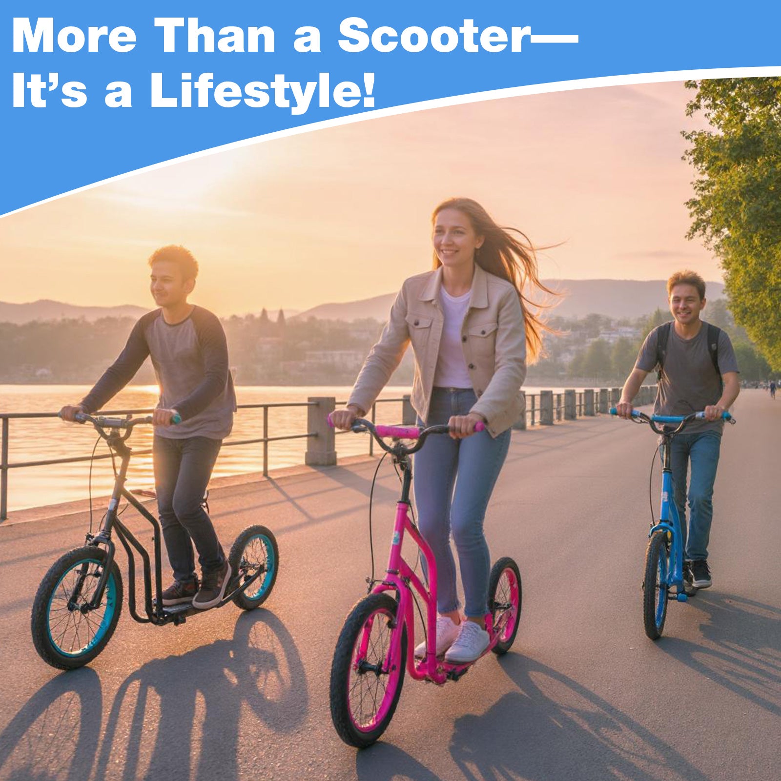 Youth Scooter with Adjustable Handlebar and 16/14-Inch Inflatable Wheels for Age 8+ Years Old-Blue
