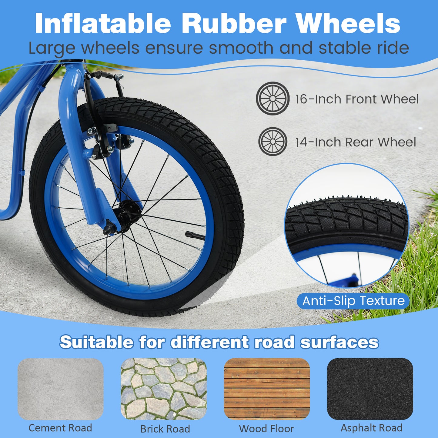 Youth Scooter with Adjustable Handlebar and 16/14-Inch Inflatable Wheels for Age 8+ Years Old-Blue