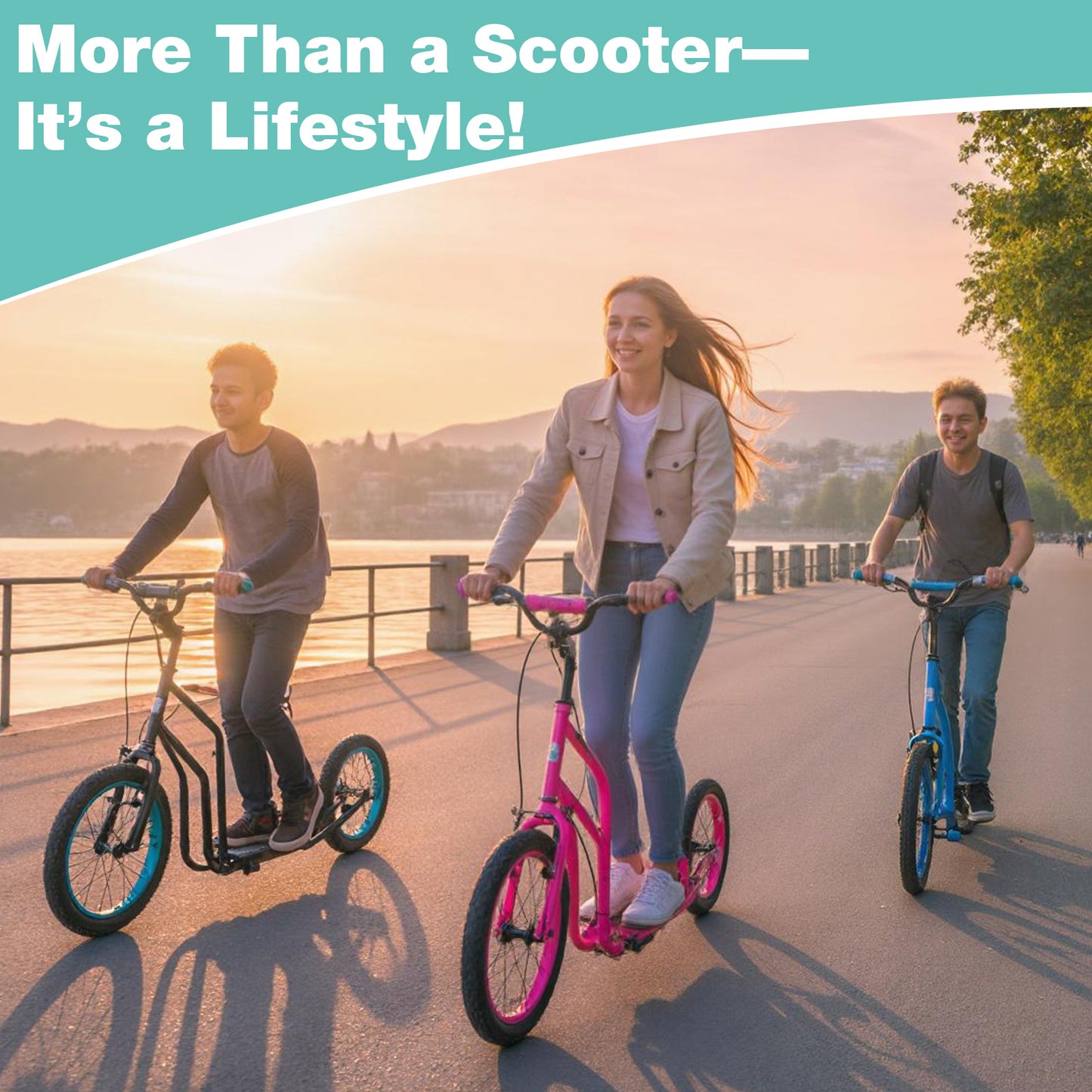 Youth Scooter with Adjustable Handlebar and 16/14-Inch Inflatable Wheels for Age 8+ Years Old-Black