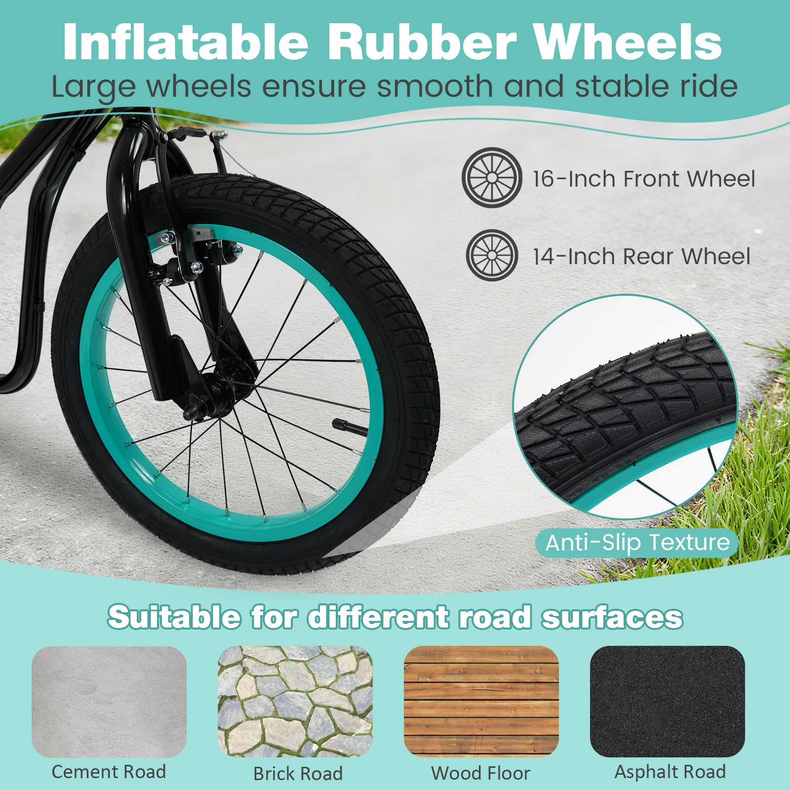 Youth Scooter with Adjustable Handlebar and 16/14-Inch Inflatable Wheels for Age 8+ Years Old-Black