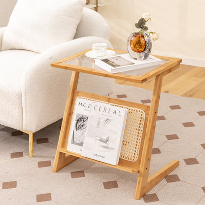 Z-shaped End Table with Magazine Rack and Rattan Shelf-Natural
