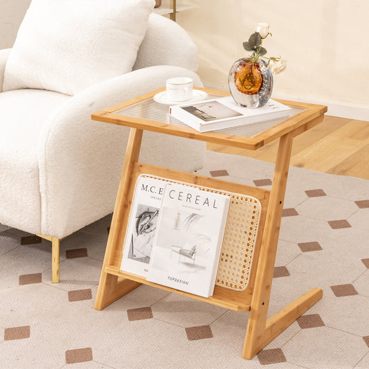 Z-shaped End Table with Magazine Rack and Rattan Shelf-Natural