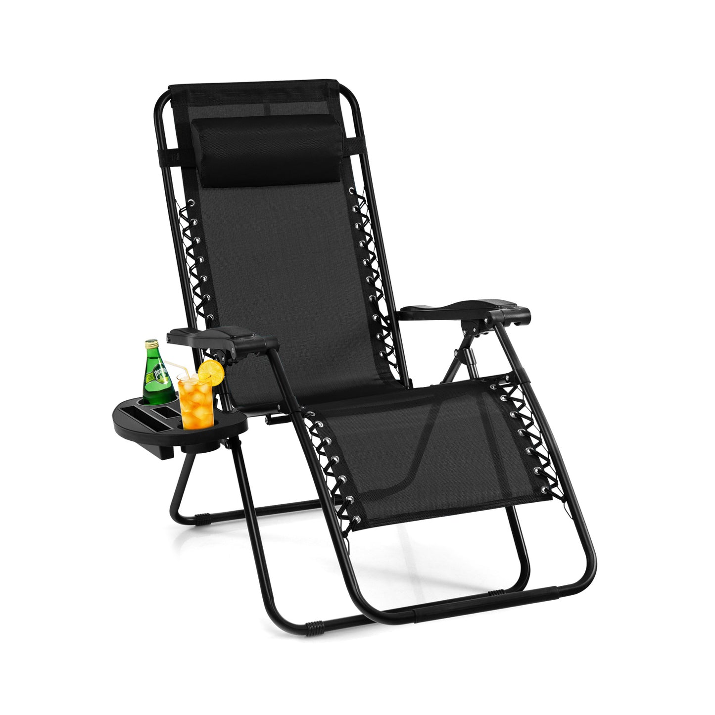 Outdoor Folding Zero Gravity Reclining Lounge Chair with Utility Tray-Gray - Black