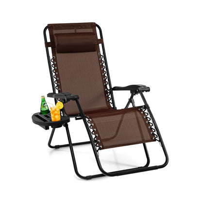 Outdoor Folding Zero Gravity Reclining Lounge Chair with Utility Tray-Gray - Brown