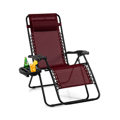 Outdoor Folding Zero Gravity Reclining Lounge Chair with Utility Tray-Gray - Dark Red