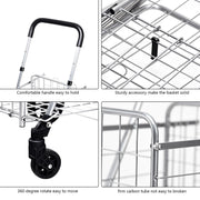 Folding Shopping Cart Basket Rolling Trolley with Adjustable Handle-Silver