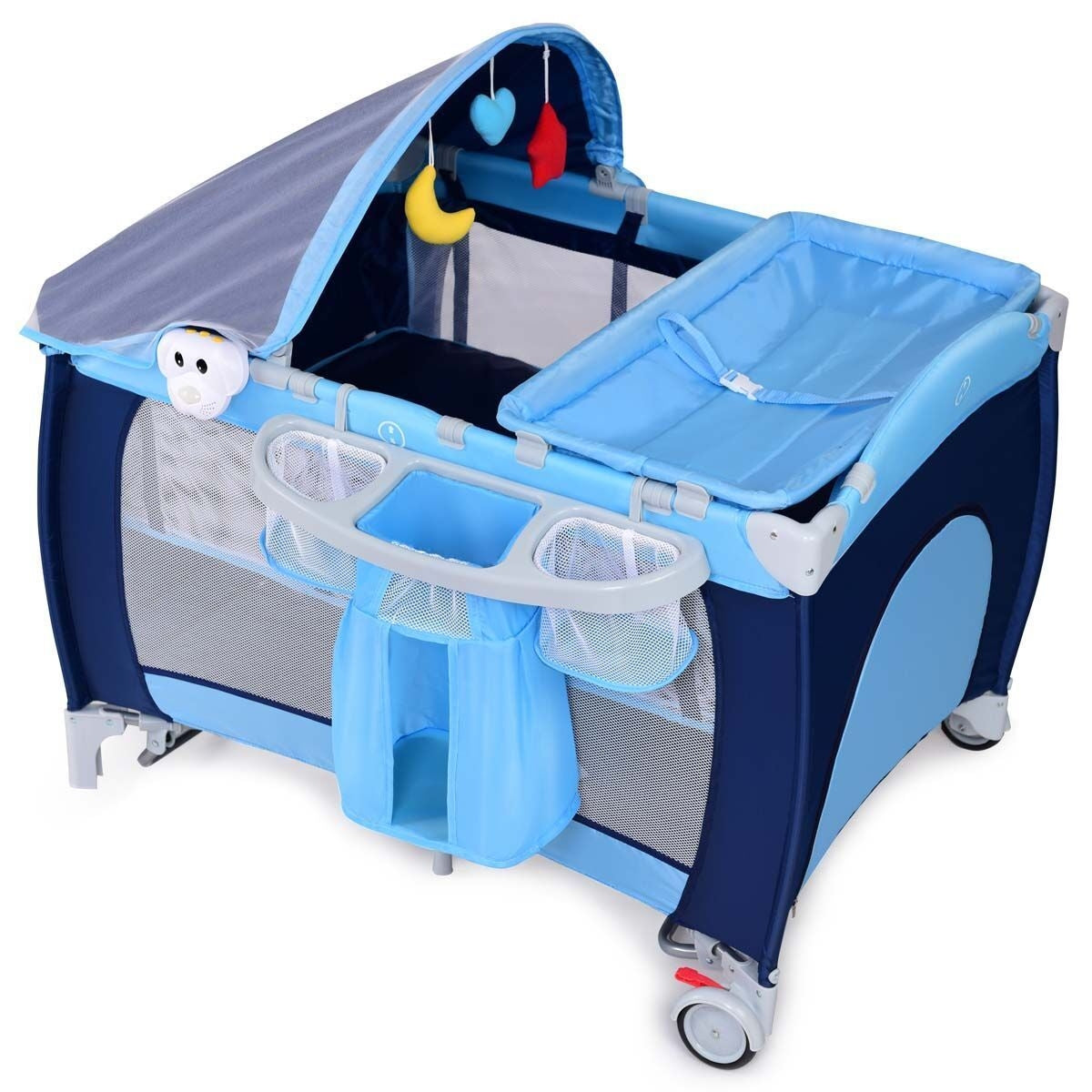 Foldable Baby Crib Playpen with Mosquito Net and Bag-Blue - Blue