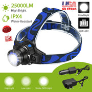 25000 LM Headlamp LED Tactical Headlight Zoomable Flashlight Torch w/Charges Camping