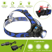 25000 LM Headlamp LED Tactical Headlight Zoomable Flashlight Torch w/Charges Camping