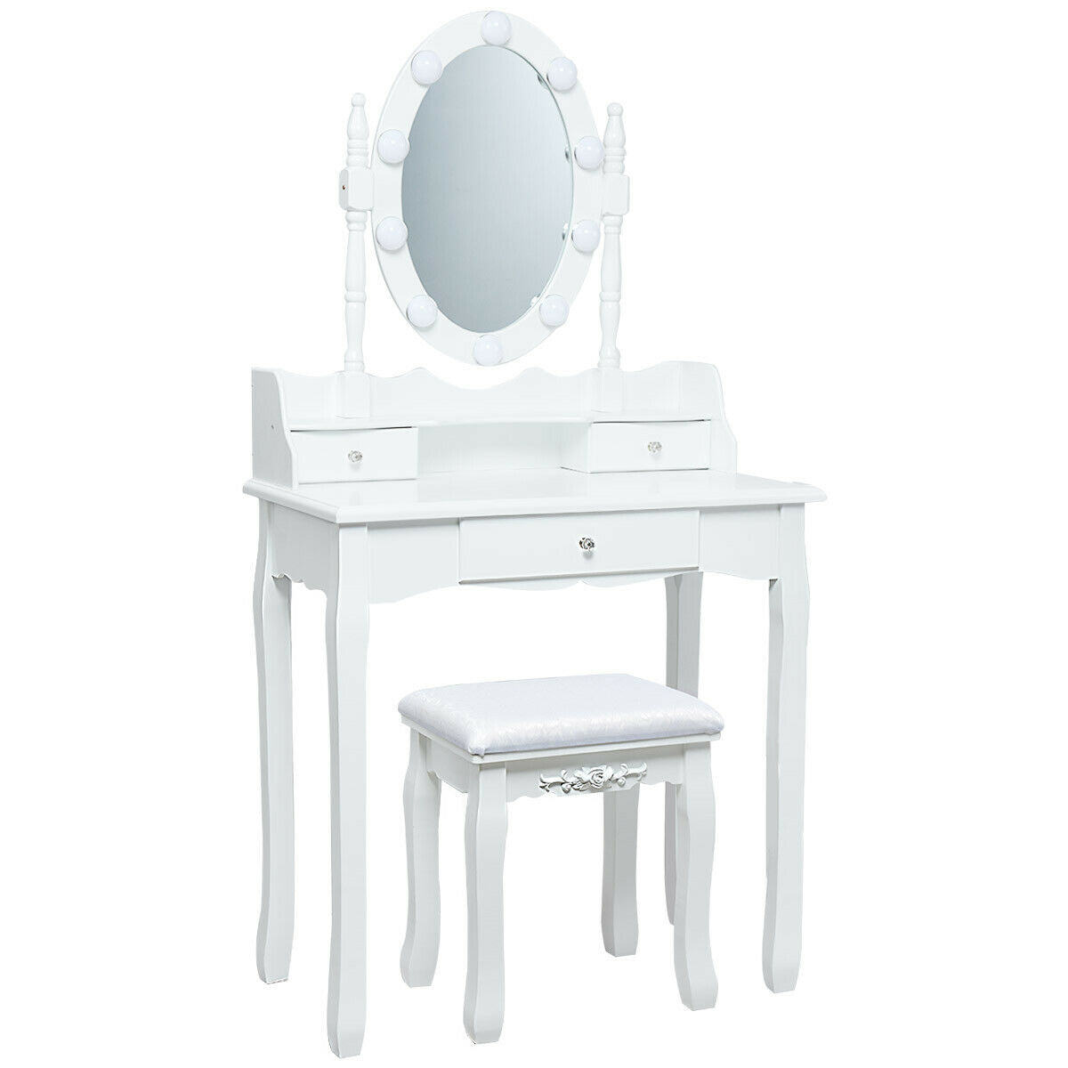 Oval Mirror Vanity Set with 10 LED Dimmable Bulbs and 3 Drawers-Brown - White
