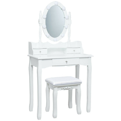 Oval Mirror Vanity Set with 10 LED Dimmable Bulbs and 3 Drawers-Brown - White