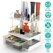 3 Tier Makeup Organizer for Vanity Large Capacity Skincare Shelf Bathroom Countertop Organizer with Drawer for Lipsticks Lotion Toner Perfumer Masks