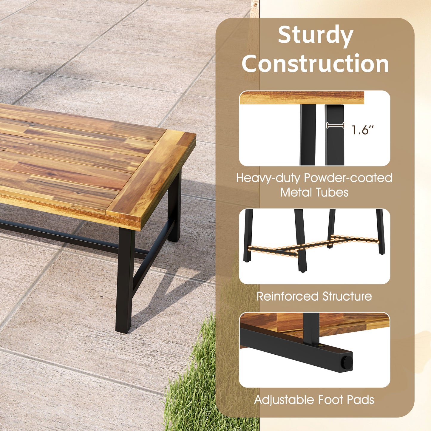 Acacia Wood Coffee Table with Thickened Top and Heavy-duty Metal Legs