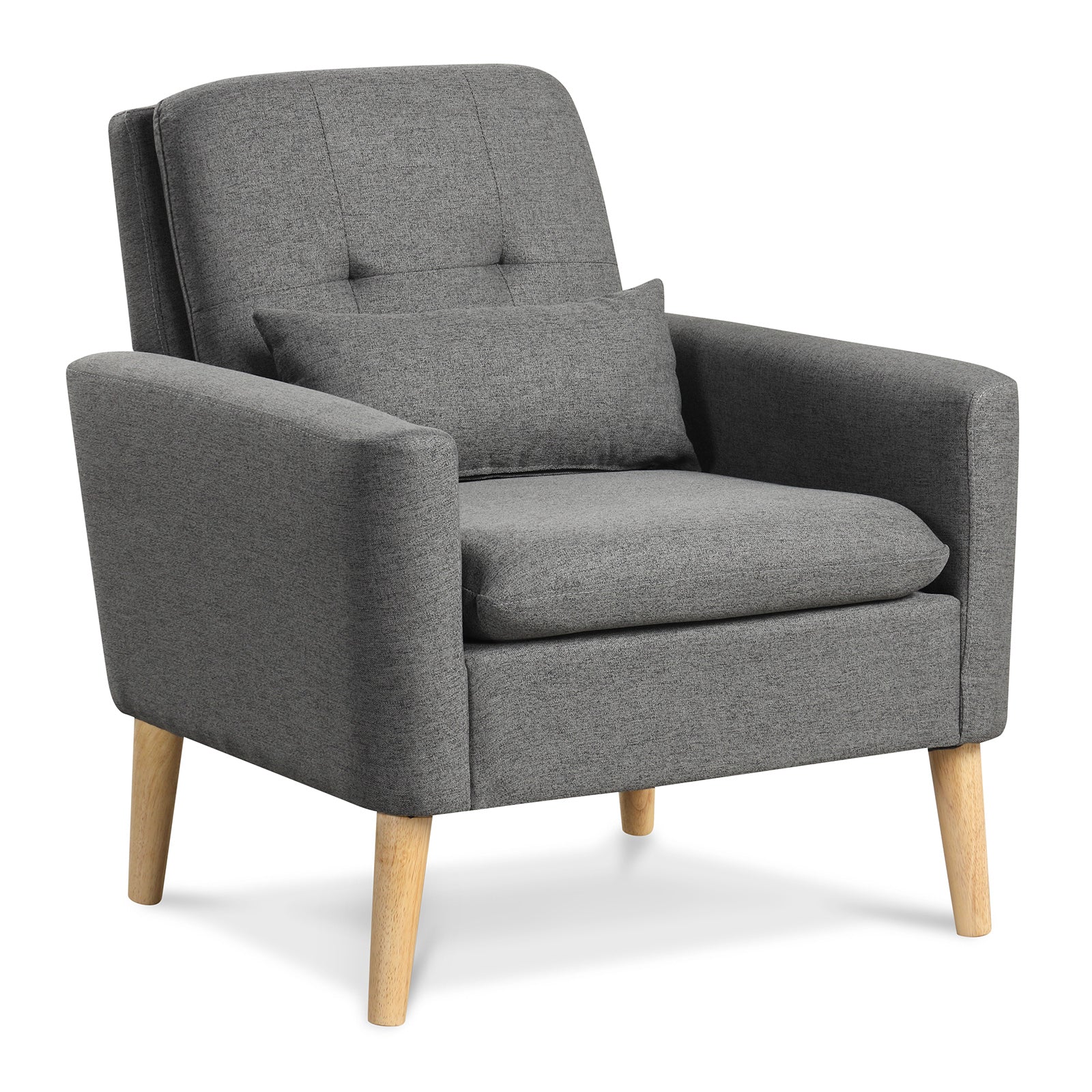 Accent Chair with Lumbar Pillow Natural Rubber Wood Legs Padded Cushions-Beige - Gray