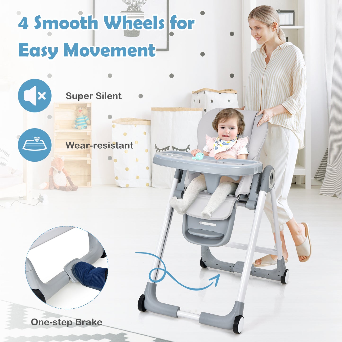 Baby Folding Convertible High Chair with Wheels and Adjustable Height-Gray