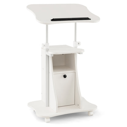 Adjustable Mobile Standing Desk Cart with Tilt Desktop and Cabinet-White - White