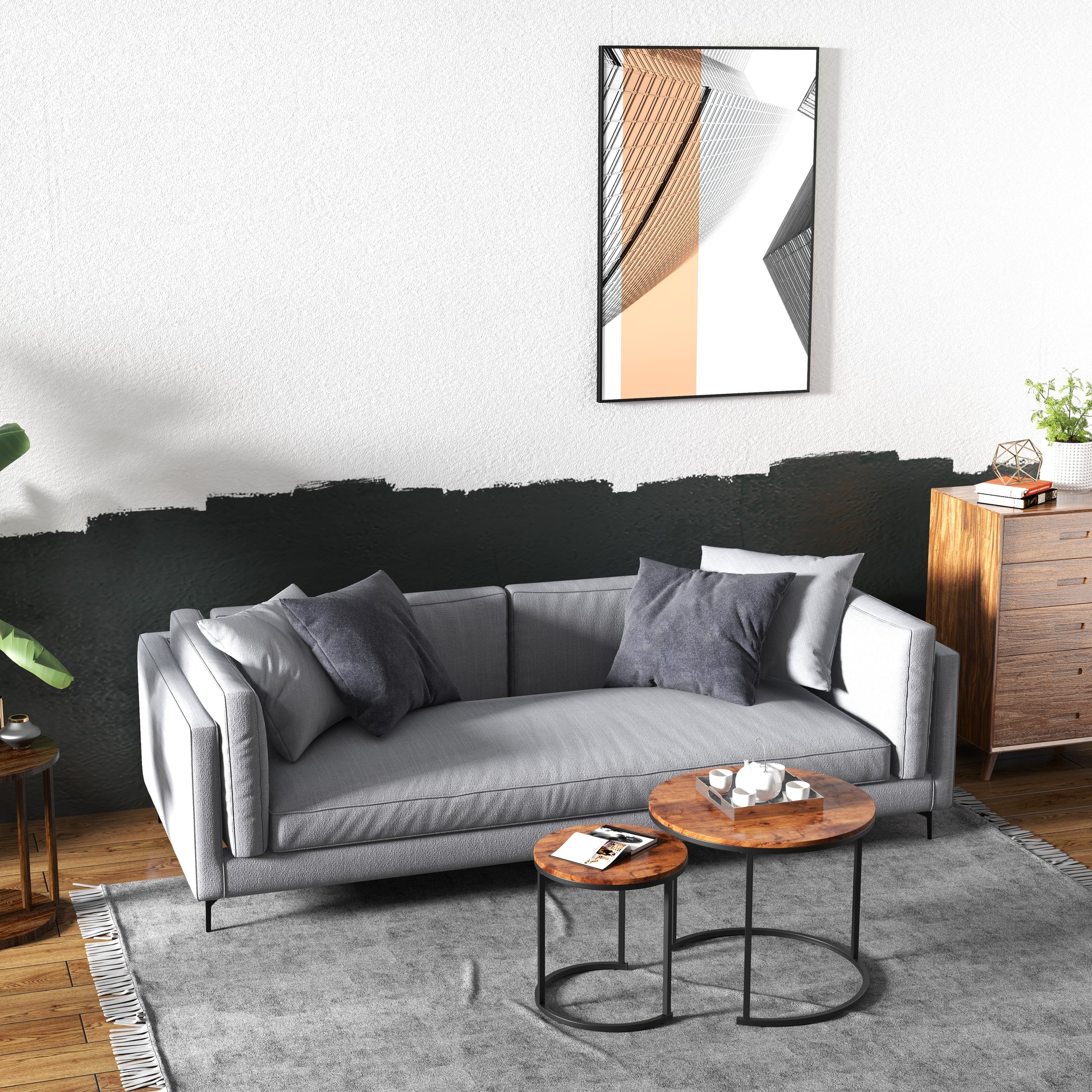 Set of 2 Modern Round Stacking Nesting Coffee Tables for Living Room-Light Brown