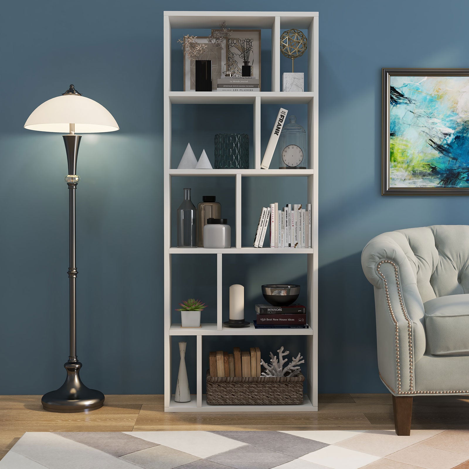66 Inch Tall 5 Tiers Wood Bookshelf with 10 Open Compartments-White