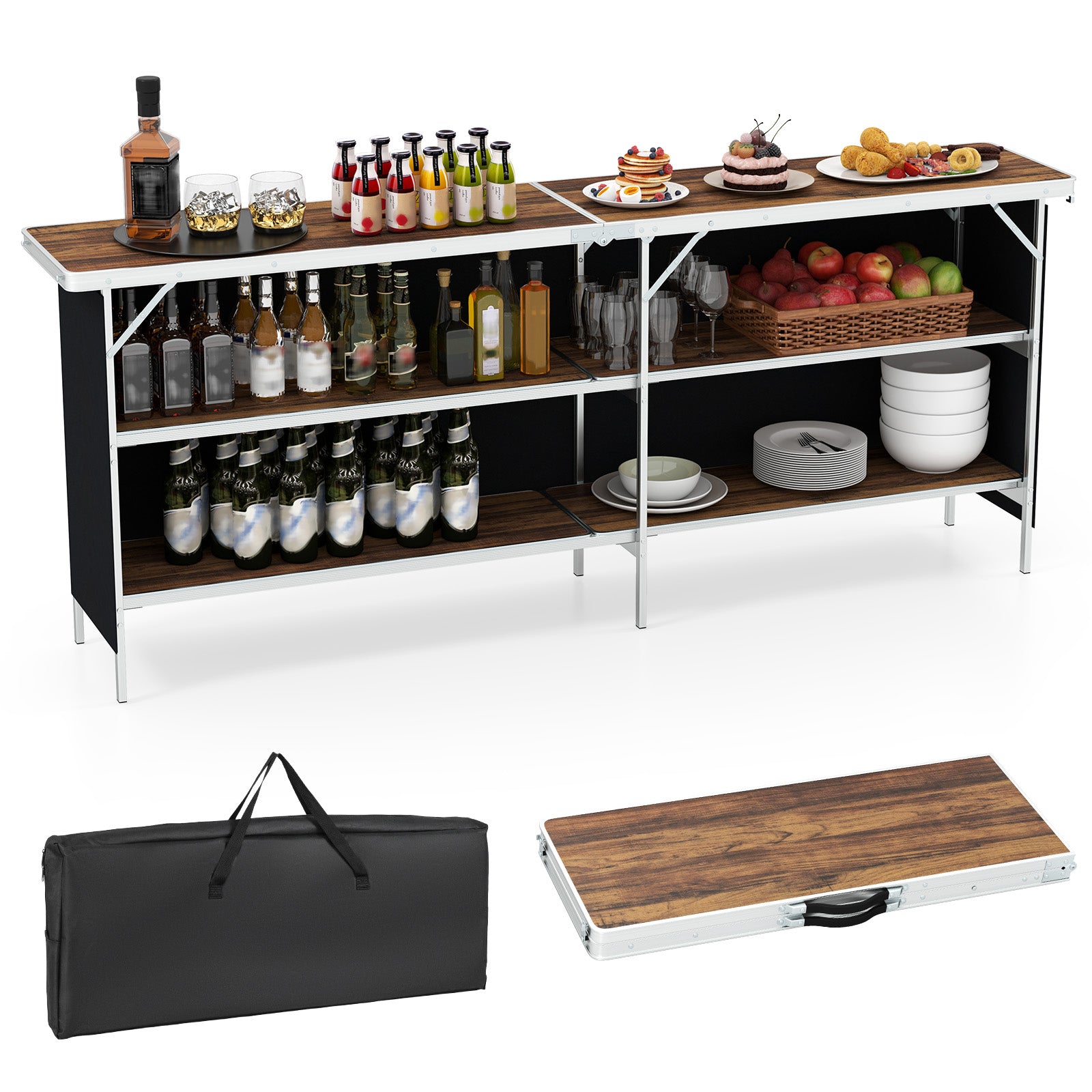 Aluminum Portable Picnic Table with 2-Tier Open Shelves and Spacious Tabletop-Black - Coffee
