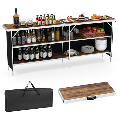 Aluminum Portable Picnic Table with 2-Tier Open Shelves and Spacious Tabletop-Black - Coffee