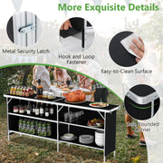 Aluminum Portable Picnic Table with 2-Tier Open Shelves and Spacious Tabletop-Black